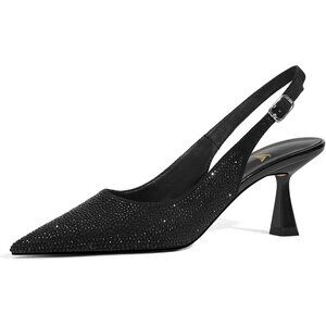 🆕Women's Black Kitten Heels Slingback Low Heel Shoes Pumps Pointed Toe Sparkly